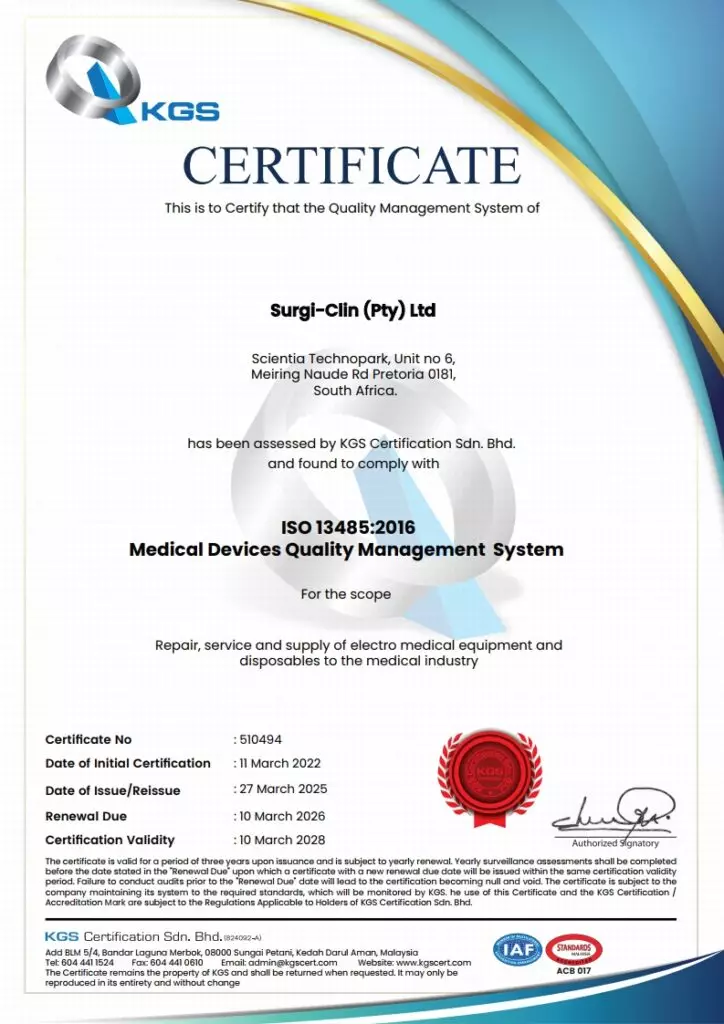 ISO 13485:2016 certificate 510494 issued to Surgi-Clin (Pty) Ltd