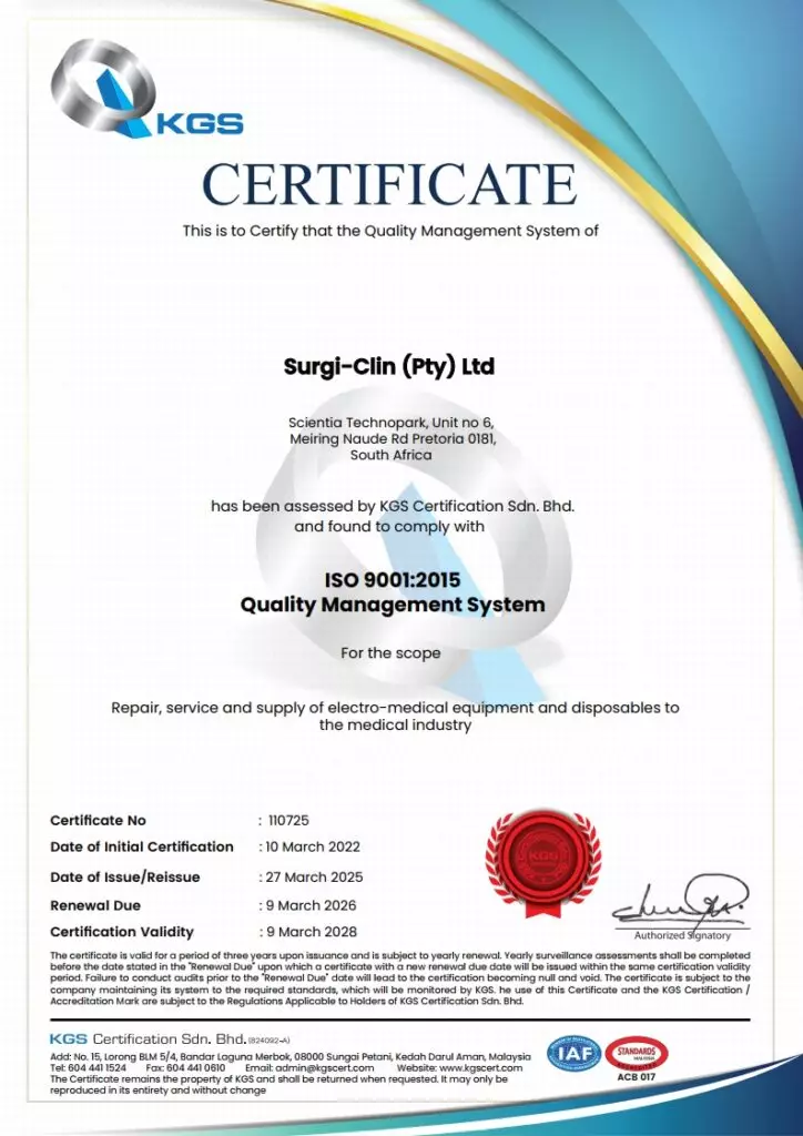 ISO 9001:2015 certificate 110725 issued to Surgi-Clin (Pty) Ltd