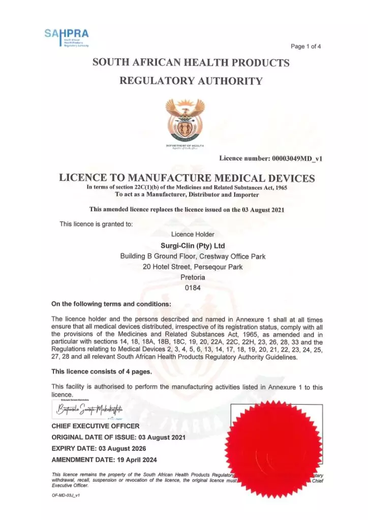 SAHPRA licence to manufacture medical devices, licence 00003049MD_v1, issued to Surgi-Clin (Pty) Ltd